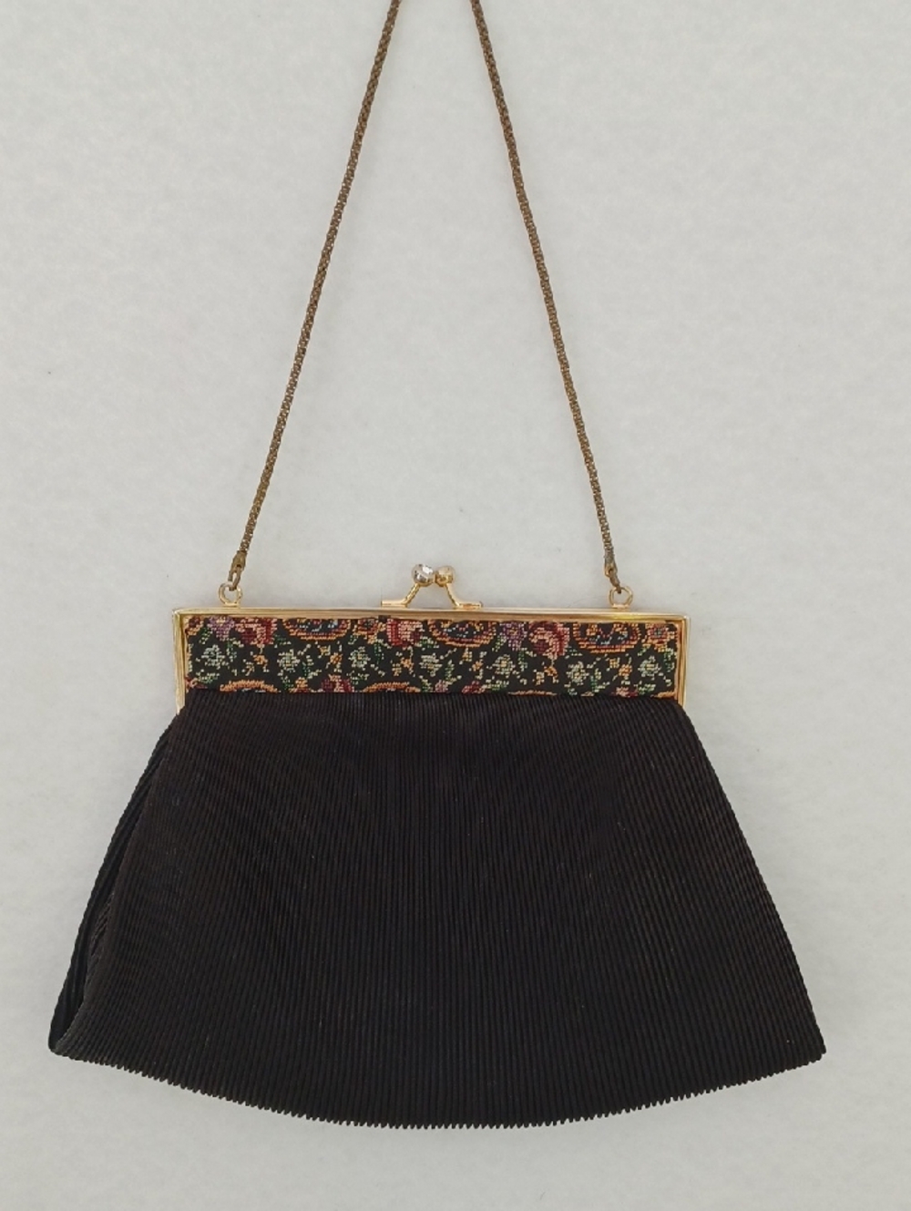 Black Vintage  Evening Handbag with Floral Needlepoint Frame